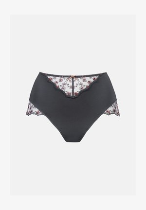 Hoogste zwarte slip met bloemenkant, voorzien van een golvende rand en een kleine decoratieve strik aan de voorkant.