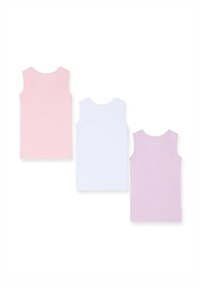 Drei ärmellose Tops in Pink, Weiß und Helllila. Aus Baumwollmaterial mit glatter Textur und runden Ausschnitten, ohne zusätzliche Merkmale.
