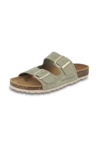 Groene suède slide sandalen met twee verstelbare banden, metalen gespen en een gevoerde kurken voetbed. Getextureerde rubberen buitenzool.