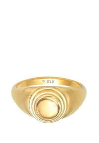Vergoldeter Ring mit einer glatten, runden Mitte und geschichtetem Design. Markiert mit "925", was den Silbergehalt anzeigt. Polierte Oberfläche.