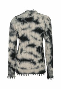 Cable-knit sweater in cream and black tie-dye pattern. Features frayed edges along the hem and cuffs, with a textured fabric.