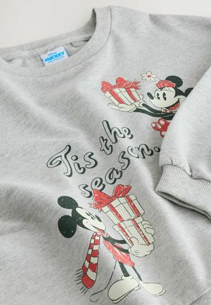 Gray sweater with a crew neck featuring a printed design of Mickey and Minnie Mouse holding gifts, accompanied by the text "Tis the season."