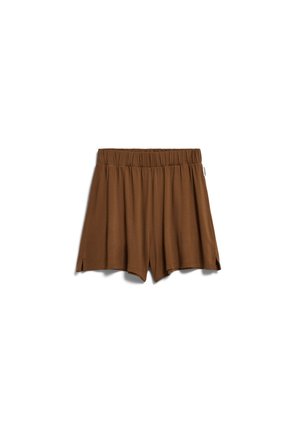 Shorts marron à taille élastique, coupe ample avec petites fentes latérales à l'ourlet.