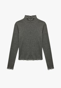 Grauer langärmliger Rollkragenpullover mit geripptem Material, verziert mit einem Rüschensaum und ausgefranstem Abschluss. Einfaches Design, taillierte Form.