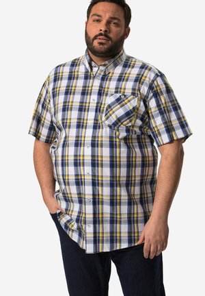 Korte mouwen geruite overhemd in wit, blauw en geel. Voorzien van een button-down kraag, zak en een sluiting met knopen aan de voorkant.