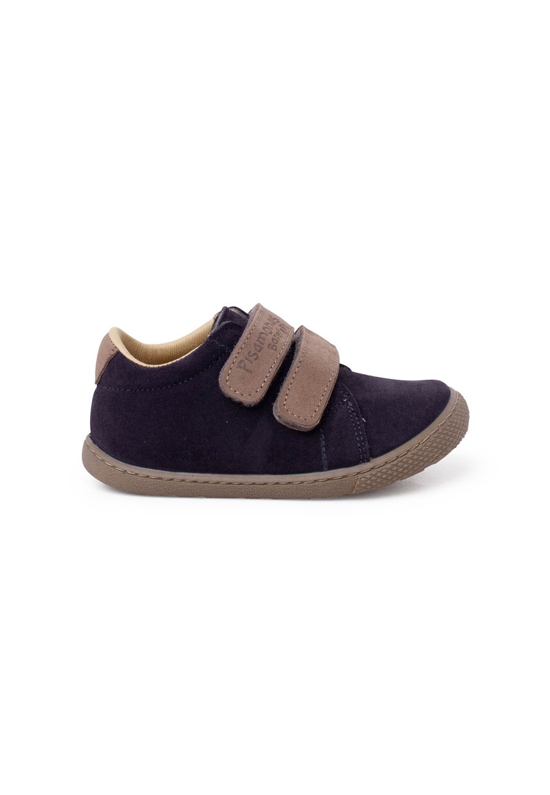 Navy blue suede shoe with two tan velcro straps, rounded toe, and textured rubber sole, featuring stitching details and a light inner lining.