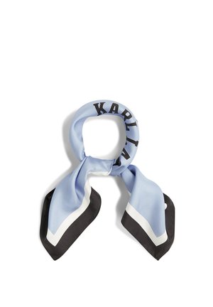 Sciarpa azzurro chiaro con bordi a righe nere e bianche e testo nero "KARL LAGERFELD" parzialmente visibile, legata a loop.