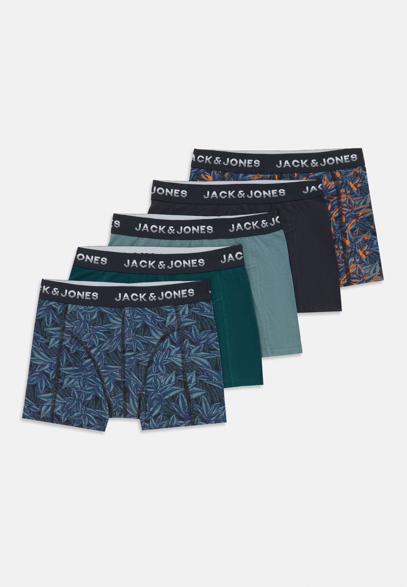 Six pairs of men's boxer briefs in various colors: dark blue, teal, light blue, and patterned with leaves; elastic waistband with logo.