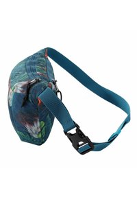 Bloemdruk heuptasje, teal stof, ritscompartiment, verstelbare schouderband, zwarte plastic gesp, slank profiel. Geschikt voor casual gebruik.