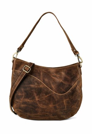 Braune, abgenutzte Leder-Schultertasche mit verstellbarem Riemen und geschwungener Naht an der Vordertasche.