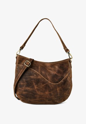 Bruine versleten leren schoudertas met verstelbare riem en gebogen stiksels op de voorzak.