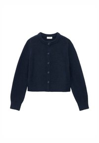 Marinblå kort kardarigan med långa ärmar, räfflad rund halsringning, räfflade manschetter och nederkant, samt en knappslutning fram med fem knappar.