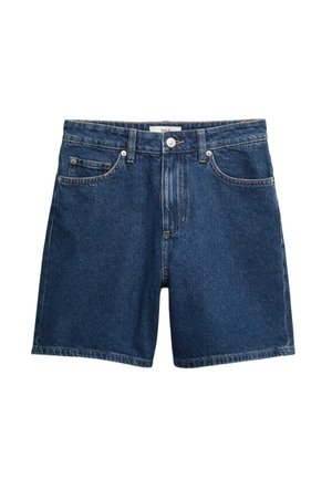 Shorts en denim bleu foncé avec une coupe régulière. Comprennent deux poches avant, une fermeture par bouton métallique, et un léger délavage sur le tissu.