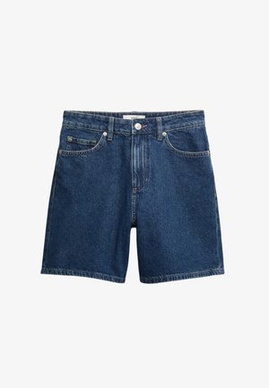 Shorts en denim bleu foncé avec une coupe régulière. Comprennent deux poches avant, une fermeture par bouton métallique, et un léger délavage sur le tissu.