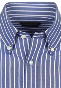 Blauw-wit gestreepte button-up shirt met een klassieke kraag en twee knopen bij de hals, gemaakt van een gladde stof.