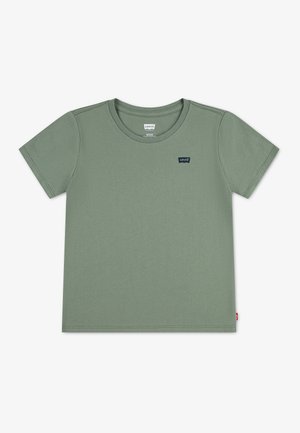 T-shirt Levi's vert olive à manches courtes, col rond et petit logo foncé sur la poitrine gauche, sur fond blanc.