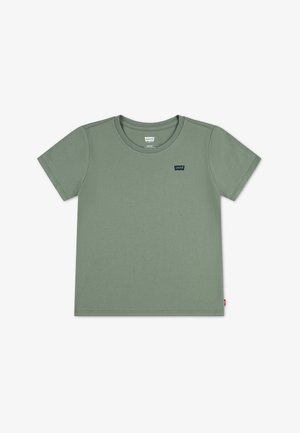 T-shirt Levi's vert olive à manches courtes, col rond et petit logo foncé sur la poitrine gauche, sur fond blanc.