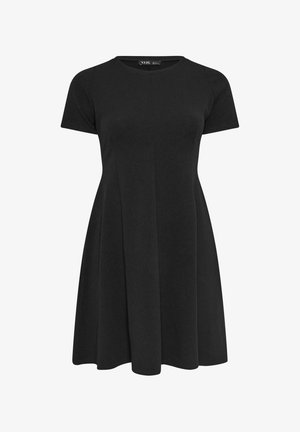 Schwarzes A-Linien-Kleid mit kurzen Ärmeln, rundem Ausschnitt, tailliertem Schnitt und knielangem Saum, aus weichem, strukturiertem Stoff gefertigt.