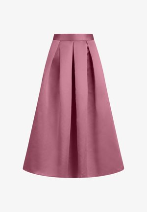 Hoch taillierter, knöchellanger Satinsrock in Mauve mit breiten Kellerfalten und einem taillierten Bund, auf weißem Hintergrund präsentiert.