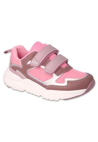 Różowo-brązowe buty sportowe z rzepami, siateczkową tkaniną, wyściełanym kołnierzem, teksturowaną gumową podeszwą i zakrzywionymi elementami projektu.