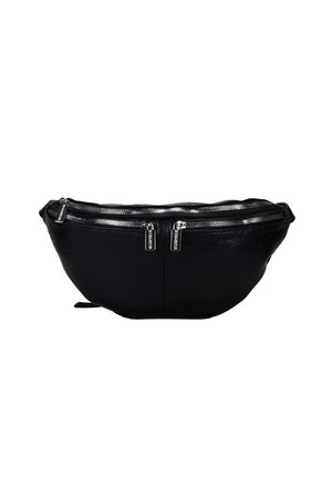 Riñonera de cuero negro con una superficie texturizada, que cuenta con dos compartimentos con cremallera en la parte superior y un diseño curvado y minimalista.