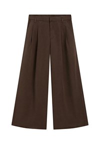 Pantalon brun taille haute à jambes larges avec passants de ceinture, plis à l'avant et poches latérales, conçu pour une coupe ample et fluide.