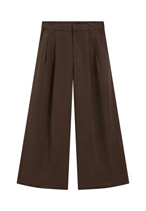 Pantalon brun taille haute à jambes larges avec passants de ceinture, plis à l'avant et poches latérales, conçu pour une coupe ample et fluide.