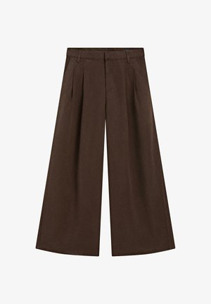 Brązowe spodnie o szerokich nogawkach i wysokim stanie, z szlufkami na pasek, plisami z przodu oraz kieszeniami po bokach, zaprojektowane na luźny, swobodny krój.