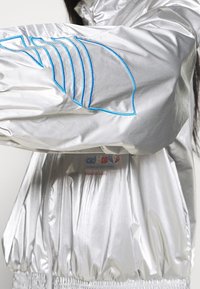 Chaqueta de nylon plateada con un acabado brillante. Presenta detalles bordados en azul en las mangas. Dobladillo con cordón y puños elásticos.
