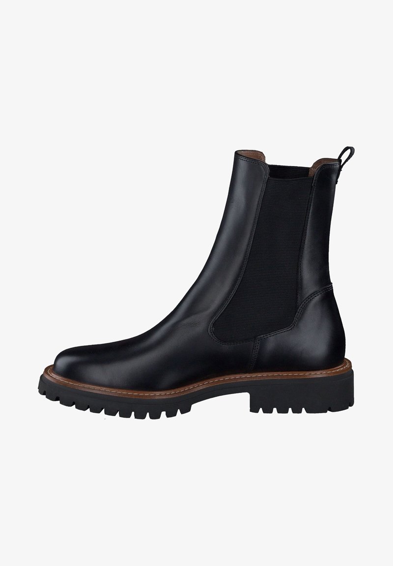 Botte Chelsea en cuir noir avec panneaux latéraux élastiques et un onglet de tirage. Elle présente une semelle en caoutchouc robuste et des détails cousus le long de la base.