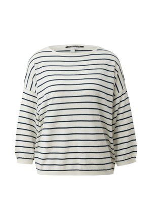 Lekka bluzka w paski w kolorze kremowym i granatowym, z szerokim dekoltem, rękawami trzy-czwarte z elastycznymi mankietami oraz luźnym fasonem.