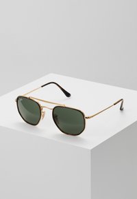 Gold metal frame sunglasses with dark green lenses, rectangular shape, and black temple tips. Features a double bridge design.