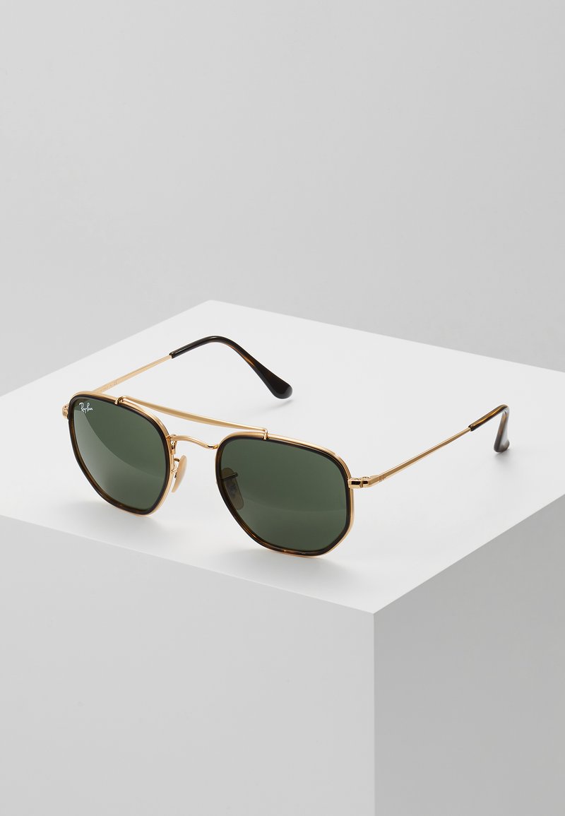 Gold metal frame sunglasses with dark green lenses, rectangular shape, and black temple tips. Features a double bridge design.