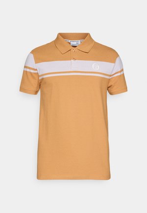 Mustard polo shirt with a classic collar, two button placket, white horizontal stripes, and an embroidered logo on the chest. Cotton material.