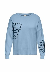 Maglione azzurro chiaro con scollo rotondo, maniche lunghe e disegni floreali ricamati neri su entrambi i lati. Orlo e polsini a coste.