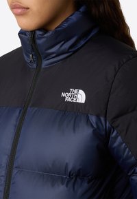Närbild av en person som bär en marinblå och svart puffjacka med hög krage och The North Face-logotyp på bröstet.