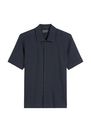 Short-sleeve collared shirt in dark navy ribbed fabric, featuring a button-up front with six buttons and a relaxed fit.