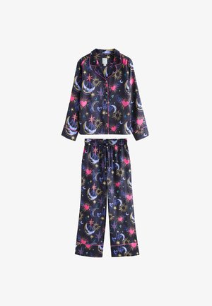 Tume sinine öösärkide komplekt, millel on nööbitav ülemine osa ja elastne vöökoht, kaunistatud mitmevärviliste taevaste motiividega, nagu kuud, tähed ja südamed.