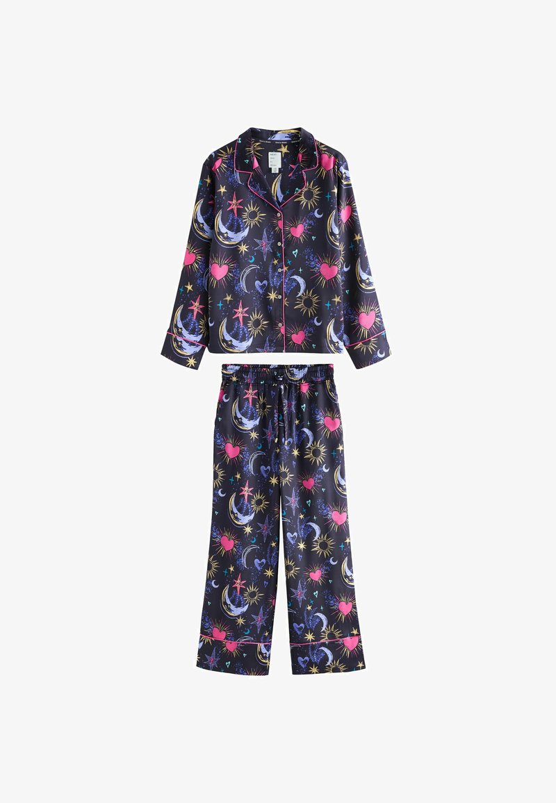 Navy pajama set featuring a button-up top and elastic waistband pants, adorned with colorful celestial patterns of moons, stars, and hearts.