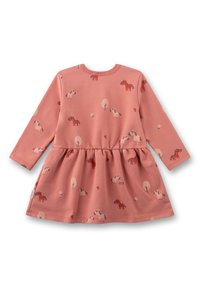 Rosa langärmliges Kleid mit ausgestelltem Rock, versehen mit einem Muster aus Pferden und Bäumen in sanften Farben. Hergestellt aus dehnbarem Stoff.