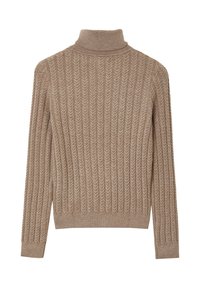 Beige gerippter Strickpullover mit Rollkragen und langen Ärmeln, der ein strukturiertes gewebtes Muster sowie enganliegende Bündchen und Saum aufweist.