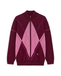 Bordový sveter na zips so vzorom diamantov v odtieňoch ružovej, so žebrovaným golierom a manžetami, s malým vyšitým logom na prednej strane.