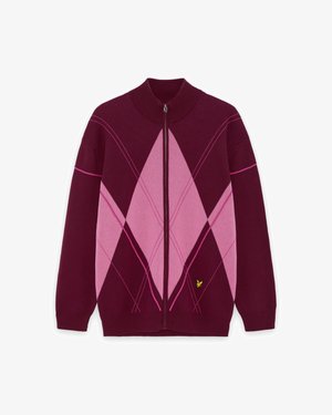 Bordo zip-up pulover s črtami v odtenkih roza, rebrast ovratnik in manšete ter majhnim izvezenim logotipom spredaj.