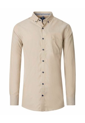 Beige button-up shirt with long sleeves, contrasting navy buttons, a chest pocket, and a checkered pattern inside the collar.