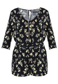 Blommönstrad jumpsuit i svart tyg, med trekvartslånga ärmar, en framzipper med rund dragkedja och elastisk midja för en bra passform.