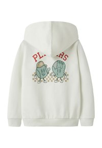Sudadera de color crema claro con personajes de dibujos animados: una pelota de béisbol y un guante, con el texto "PLANTAS" encima. Puños y dobladillo acanalados, textura de tela suave.