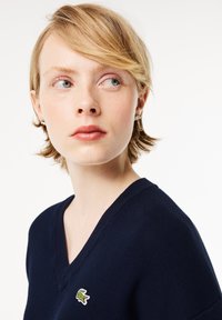 Navy V-hals trui met een gestructureerde breiwerk, voorzien van een klein groen krokodillenlogo aan de linkerkant en een elegante, minimalistische uitstraling.