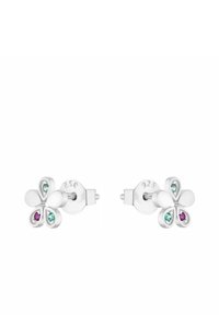 Pendientes de stud florales en plata con cuatro formas de pétalos y tres piedras preciosas de colores: verde esmeralda, rosa y azul. Marcados como "925".