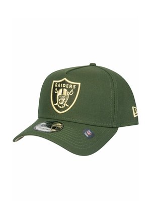 Green baseball cap with a structured design, featuring a gold "Raiders" logo on a shield and an adjustable closure.