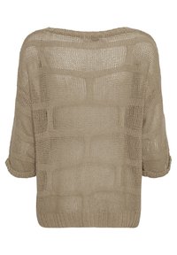 Pull beige à manches courtes en maille lâche avec un large col bateau, présentant un motif rectangulaire texturé à tissage ouvert.